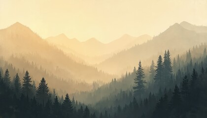 Fototapeta premium Misty landscape featuring golden mountains, dense forest for nature art prints. Calming hills, trees silhouettes, scenic wilderness. Peaceful atmospheric background, hillside inspiration, light