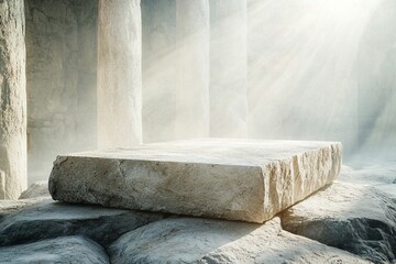 Stone Platform Ancient Ruins Background Light Rays Dusty Scene Product Presentation Mockup Minimalist Design Modern Architecture Empty Space Grey Beige Tones Natural Texture Rough Surface Empty Stage 