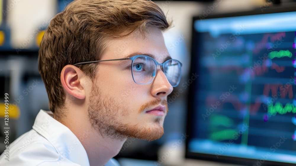 Poster scientist analyzing data on computer screen in modern laboratory