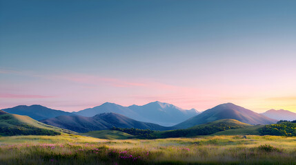 Obraz premium Serene Sunset Over Mountain Range and Wildflower Meadow