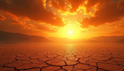 Global warming concept. Dry cracked soil against backdrop of hot orange sunset sky, mountains. Climate change idea, arid desert landscape. Lack of water issue, earth drought.