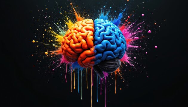 Mind blown concept image with brain exploding in vibrant colors on black backdrop. Orange, blue human brain with colorful ink splashes symbolizes creativity, intelligence, brainstorm, innovation.