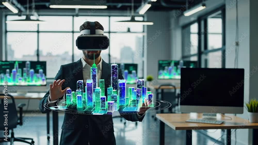 Poster architect wearing a vr headset interacts with a holographic city model, exploring and manipulating t