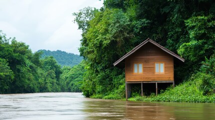 Naklejka premium Traditional Thai House on Riverbank Surrounded by Lush Greenery