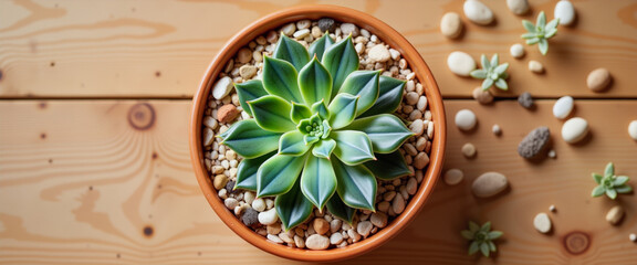 Lush succulent in terracotta pot on wooden table, indoor tranquility