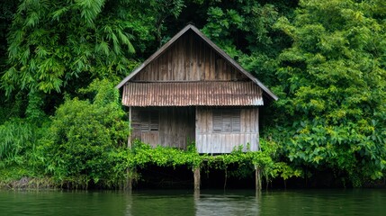 Traditional Thai House Along a Serene River Amidst Lush Greenery