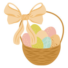 Basket full of colorful easter eggs with a bow tie, vector illustration
