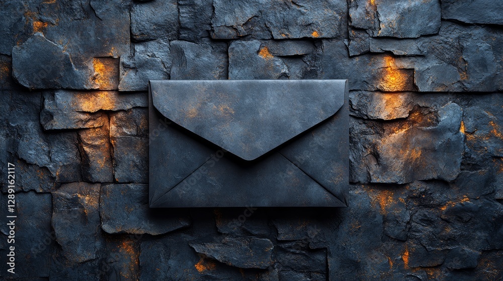 Poster dark stone envelope with glowing orange light on textured rock surface. mysterious communication con