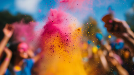 A close-up shot of vibrant Holi powder in mid-air with blurred faces of people celebrating the festival of colors