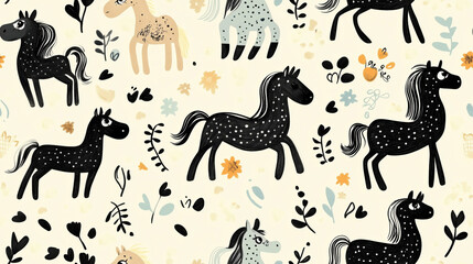 Obraz premium Seamless doodle pattern with stylized horses and botanical elements, whimsical hand-drawn design with a rustic folk-art touch