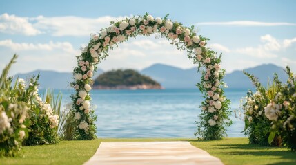 Fototapeta premium Floral Watercolor Wedding Arch by the Sea in Soft Light