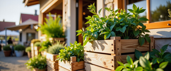 Naklejka premium Wooden planter boxes showcasing fresh herbs at rustic marketplace, nature's bounty