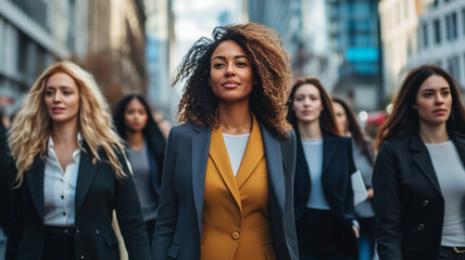 Obraz premium Empowered Women Professionals United in a Smart City Setting Moving Toward Success