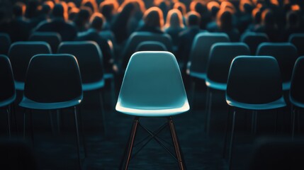 Fototapeta premium Chair under spotlight in a crowd, business theme, hiring collage concept, sharp and clean design 