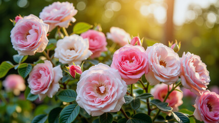 Fototapeta premium Vibrant pink and white roses blooming in morning light, garden beauty