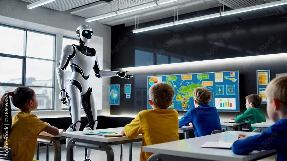Poster advanced humanoid robot giving a geography lesson to a diverse group of elementary school students, 