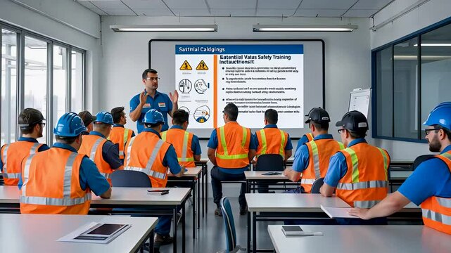 Construction workers attending a safety training session in a modern conference room with a presentation screen
