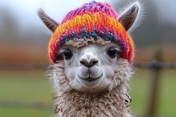 A baby llama wearing a colorful hat, standing in front of a farm fence, with a funny, slightly confused expression

