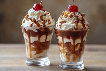Layered ice cream sundaes featuring whipped cream, caramel drizzle, chopped nuts, and bright maraschino cherries on top