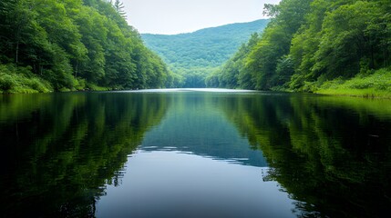 Obraz premium Serene lake reflecting lush green mountains; peaceful nature scene; perfect for travel brochures