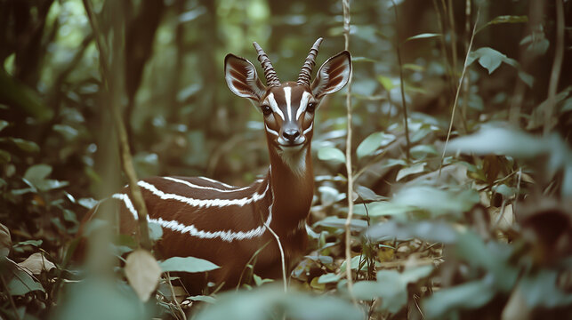 Asian saola in the forest.An rare antelope that is part horse and goat with white stripes on its head and body.Generated AI.
