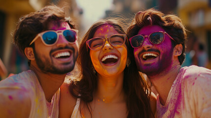 Excited Man Dancing at the Colorful Festival of Colors Covered in Powder and Wearing Sunglasses