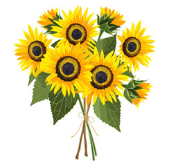 Vector Bouquet of Bright Yellow Sunflowers, garden, home decoration, floral arrangement, nature, summer flowers, botanical art, wedding bouquet, rustic decor, sunflower bunch