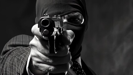 a man in a mask with a gun close-up - Powered by Adobe