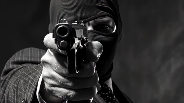 a man in a mask with a gun close-up