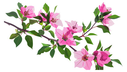 Vector Floral Branch with Pink Flowers and Green Leaves, botanical illustration, spring bloom, nature-inspired design, flower twig, floral artwork, decorative plant