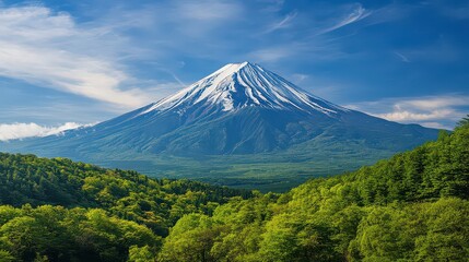 Naklejka premium Majestic frontal view of Mt. Fuji, towering over the landscape with its snow-capped peak surrounded by lush greenery in springtime.