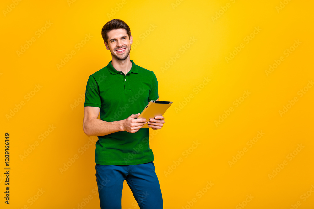 Poster Portrait of his he nice attractive cheerful cheery content guy using digital ebook app browsing web wi-fi isolated over bright vivid shine vibrant yellow color background