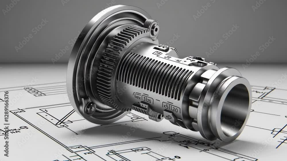 Aufkleber Complex metallic component slowly rotating, showcasing intricate details and precision engineering, placed on a blueprint highlighting its design and functionality