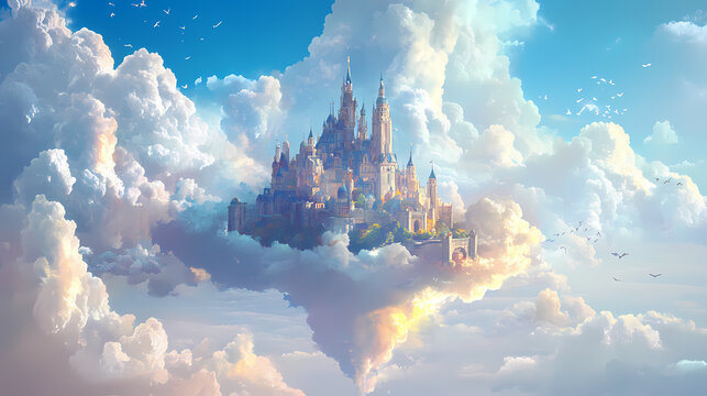 Fantasy cloud kingdom with floating tiny castles in a dreamy blue sky and whimsical clouds surrounding a majestic castle in a serene landscape background. Whimsical Cloud Castle. Illustration