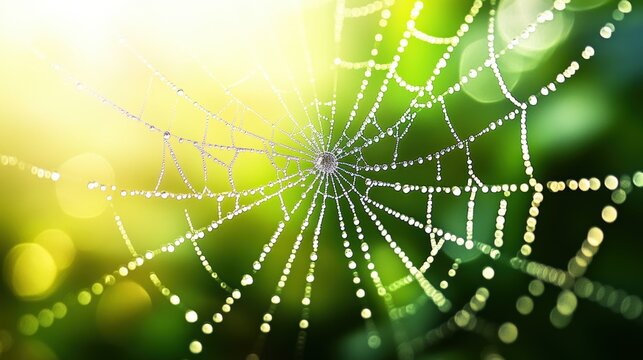 Beautiful spider web in wild field with dew in morning in Spring. - Powered by Adobe