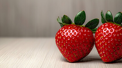 Two ripe strawberries on wood, close-up. Food photography for recipe blogs