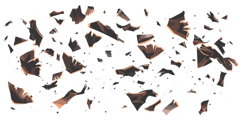 Burned charred paper scraps, flying pieces isolated on white background, top view, burnt torn edges, ash fragments, fire damaged paper, burnt texture, scattered ashes