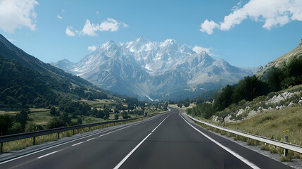 Fototapeta premium Asphalt Road Leading to Snow Capped Mountains Under Blue Sky