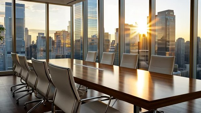 Modern conference room with panoramic city view and ergonomic design