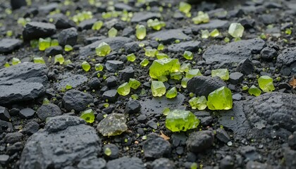 Peridot gemstones scattered on volcanic rocks in green colors for mineral collection concept