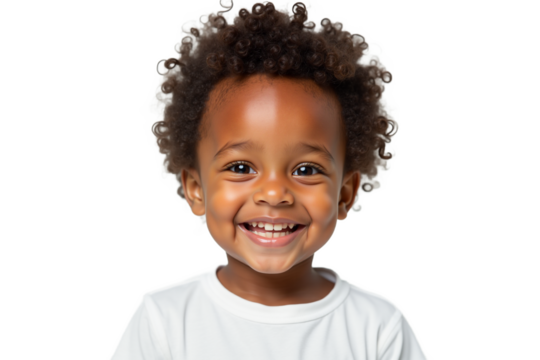 Smiling toddler portrait. Happy child in white t-shirt isolated on transparent background. Cheerful kid for family, baby content, positive emotions, ads, social media.