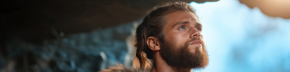 Obraz premium A man with a beard and long hair is standing in a cave. He is looking up at something