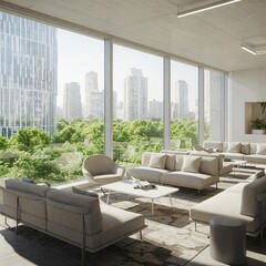 Modern Office Lounge Area – Minimalist Furniture with Large Windows Overlooking Cityscape & Greenery – 3D Rendered Contemporary Workspace Design