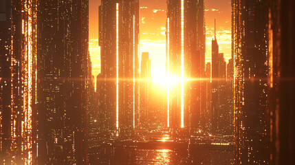 Futuristic Megacity Bathed in Golden Light of the Sun