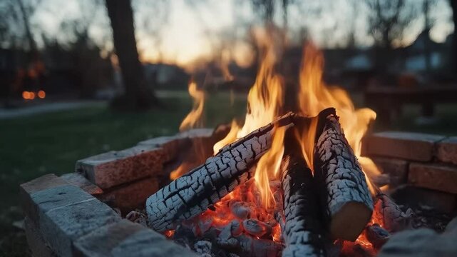 Cozy fire pit at dusk. Warm crackling bonfire background.