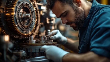 Focused technician working on a complex, high-precision industrial machine, demonstrating technical skill and craftsmanship.