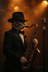 Naklejka premium Cat man playing saxophone