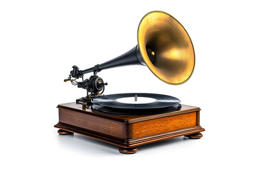 Vintage gramophone with horn isolated on white
