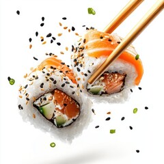 Appetizing sushi rolls with salmon and cucumber, garnished with sesame seeds, colorful ingredients, and chopsticks in the air against a white background