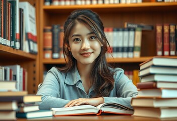 Serene librarian portrait with warm atmosphere